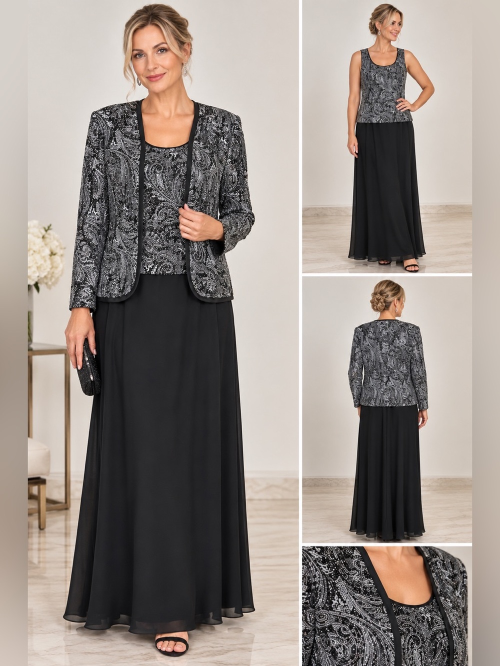 Vintage Patra Black Silver 2 Piece Embellished Dress Jacket Size 14